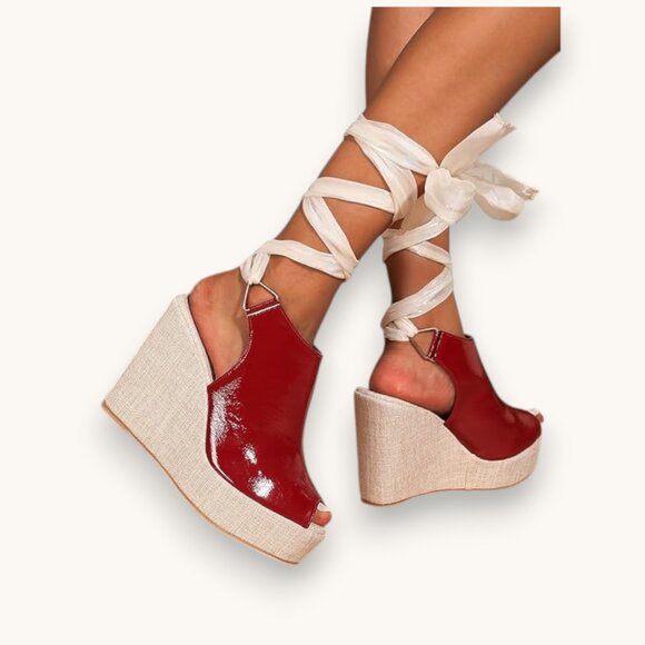 Women's Round Peep Toe Platform Wedge Sandals Espadrille, RED, Size 6.5 - Picture 5 of 7